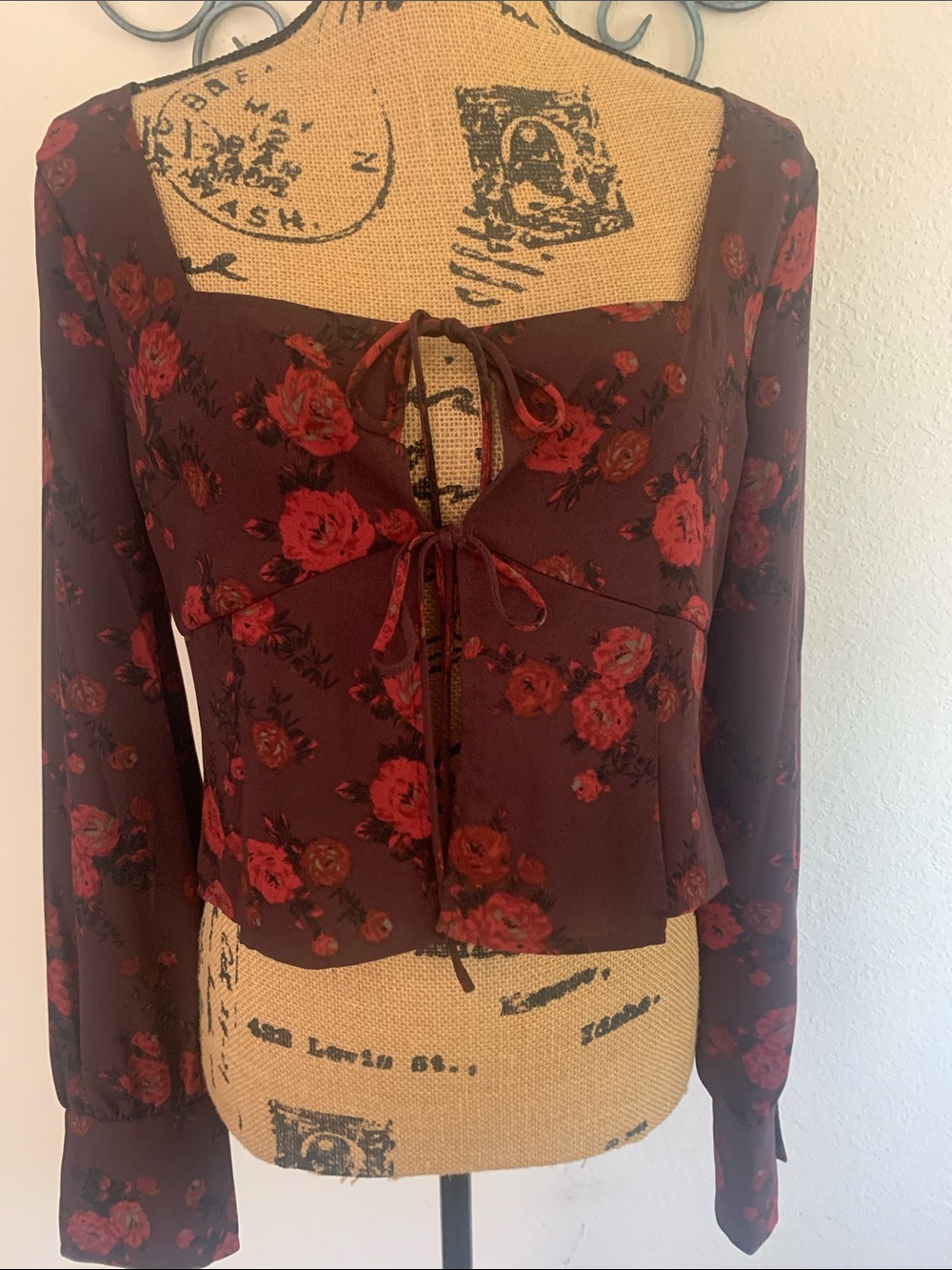Leith Burgundy Red Floral Tie-Front Long Sleeve Blouse